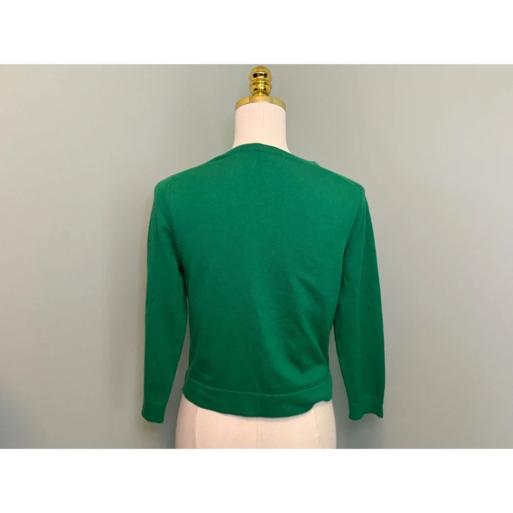 Boden Green Crew Neck Button Front Cardigan 3/4 Sleeve Preppy Cotton Knit Small - Picture 2 of 4